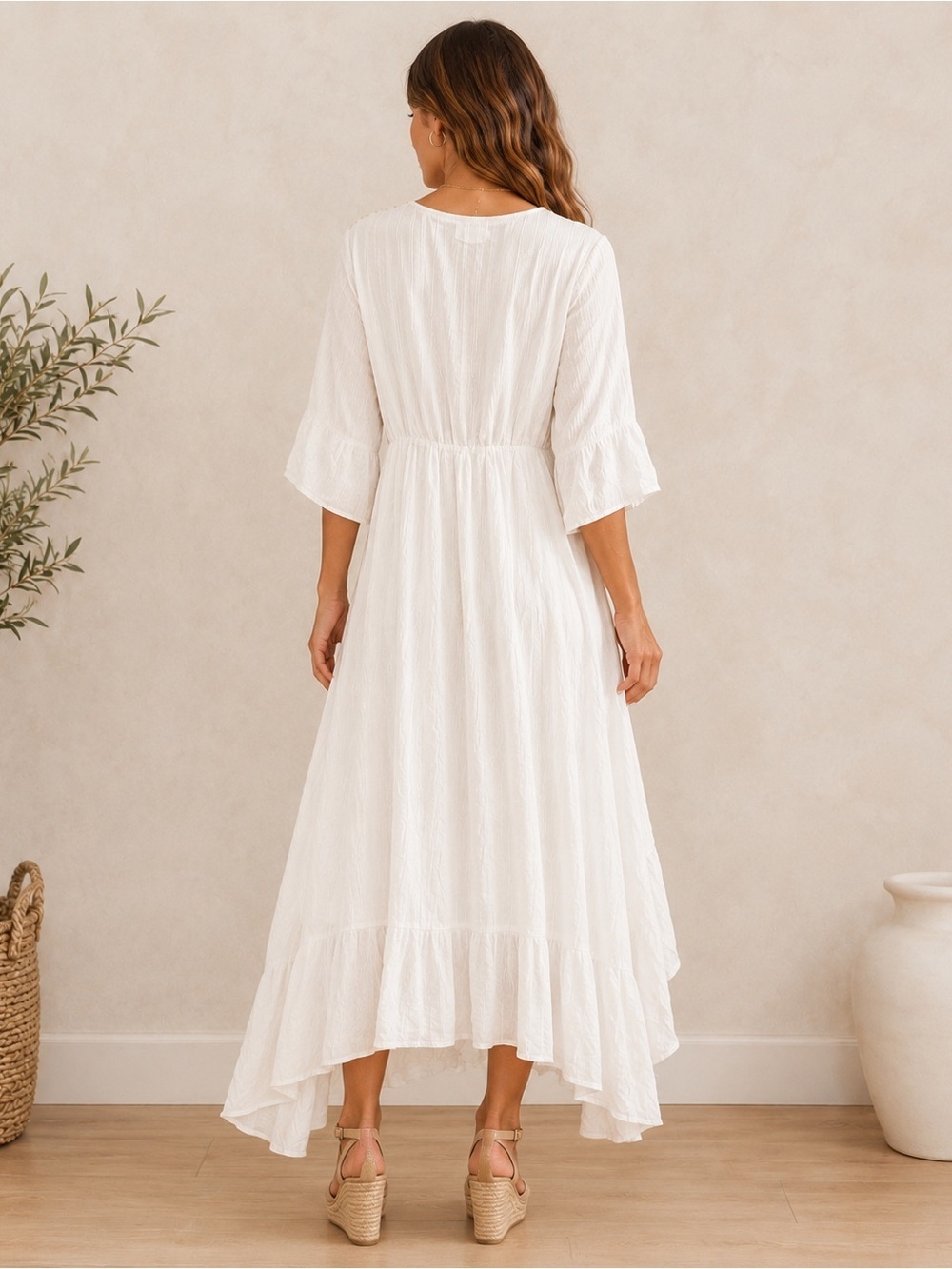 Ivory Embroidered V-Neck High-Low Boho Dress - Picture 2 of 4